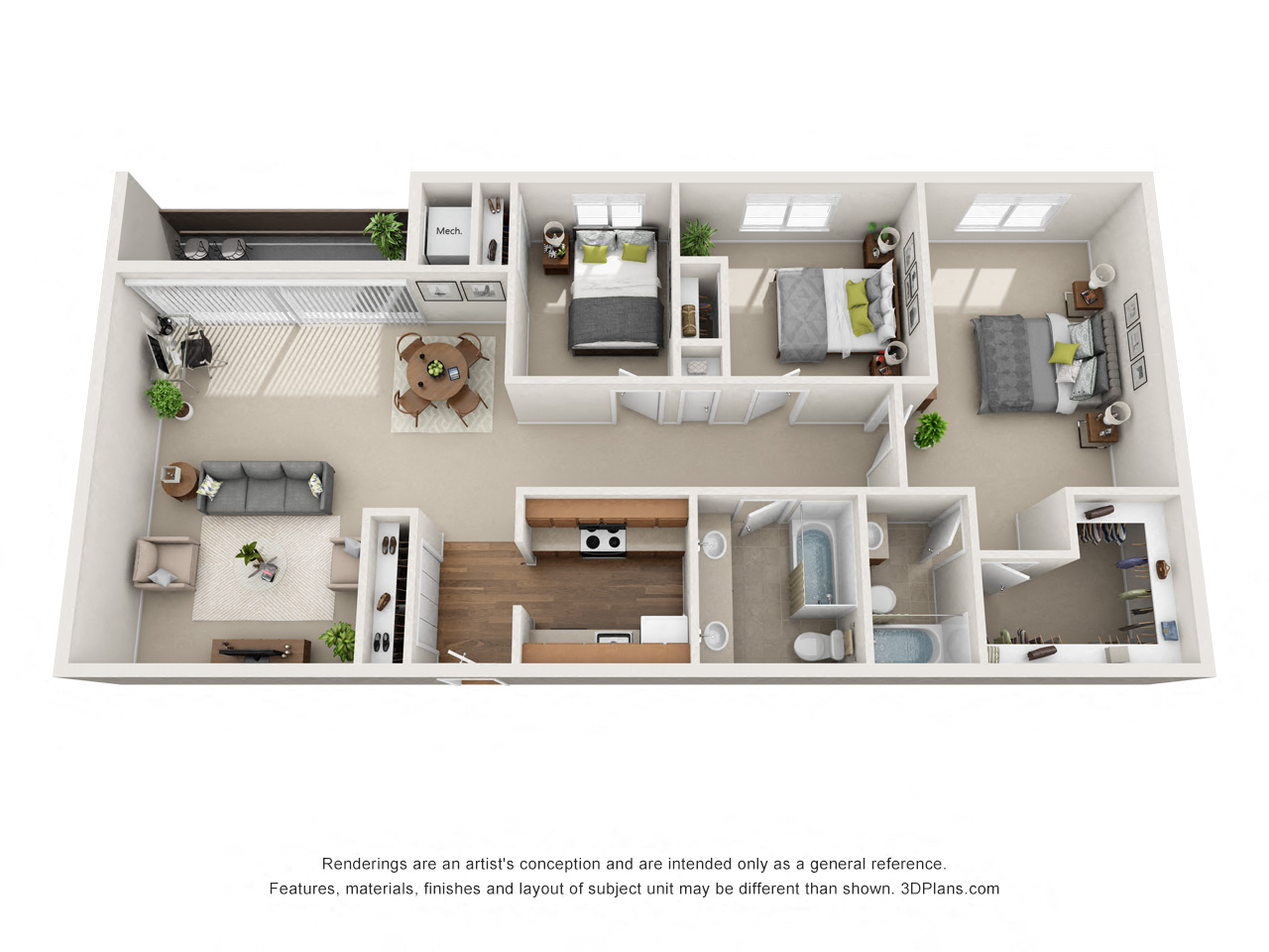 Floor plan for 3 beds, 2 baths, 1213 sqft